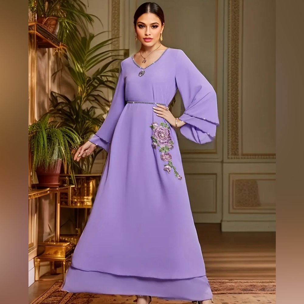 The purple color modest dress is really good for any event.